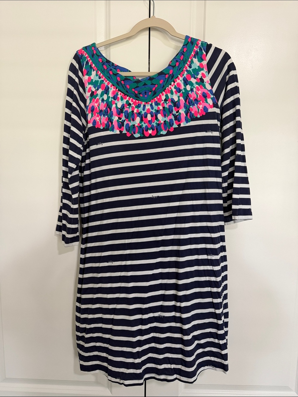 Lilly Pulitzer Navy & White Striped Long-Sleeve Dress with Teal and Pink Yoke